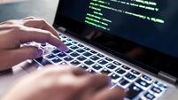 Hacker code in laptop. Cyber security, privacy or hack threat. Coder or programmer writing virus software, malware, internet att