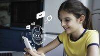 Girl interacting with phone and digital icons emerging. AI Chatbot conversation, Ai Artificial Intelligence. OpenAI generate.