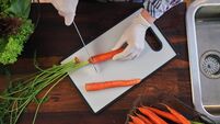 Food Safety - Cutting Carrots on Plastic Cutting Board with Food Gloves