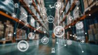 Digital Logistics and Supply Chain Network Icons Over Warehouse Background