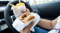 Asian lady holding hamburger and French fries to eat in car, dangerous and risk an accident.
