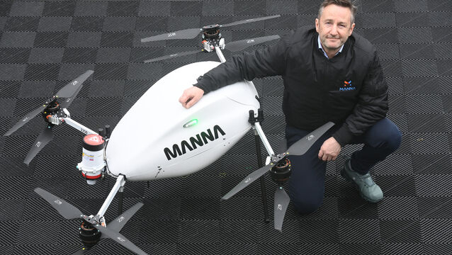 <p>Bobby Healy, founder and CEO of Manna Aero,  with a Manna air delivery drone on a landing pad. Manna drone delivery system is now trialling in Cork City, based at Marina Market, Centre Park Rd. Picture: Larry Cummins</p>